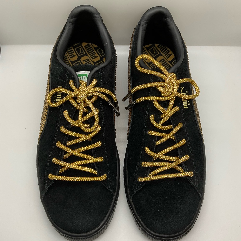 PUMA SUEDE CLASSIC Sneakers Womans 8 W/GOLD Swavorski Stones & Laces! BLK/BLK - Picture 7 of 12